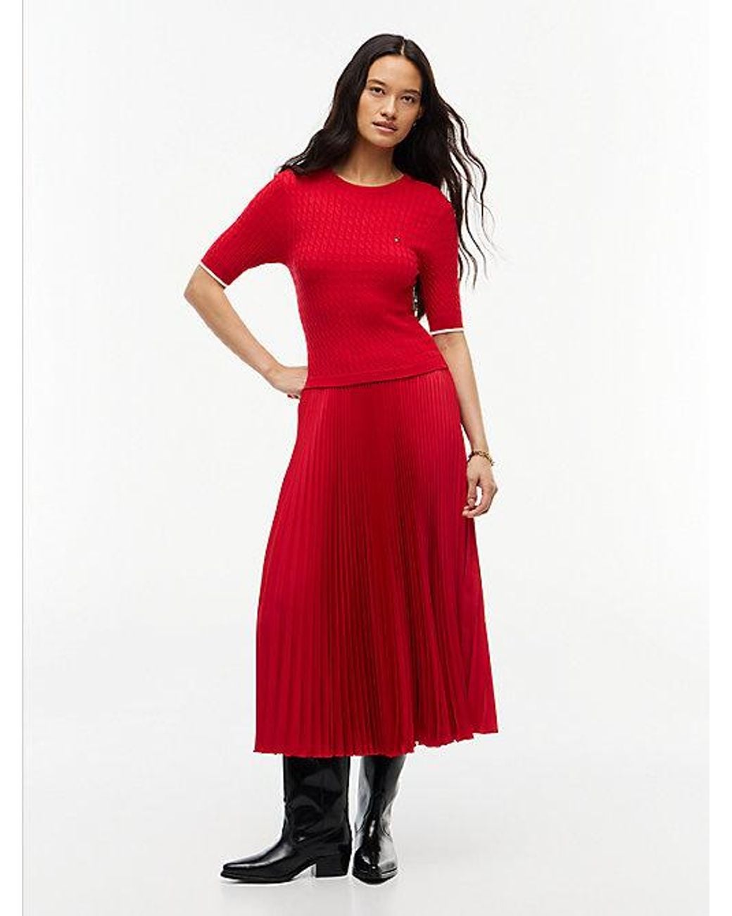 Tommy Hilfiger Red Cable Knit Pleated Midi Dress