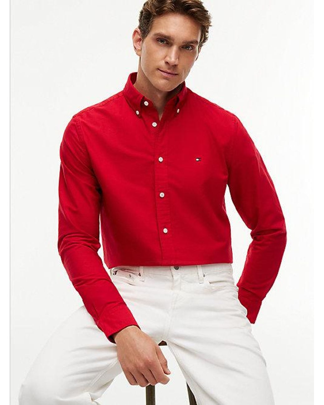 Tommy Hilfiger Red Regular Fit Flag Embroidery Oxford Shirt for men