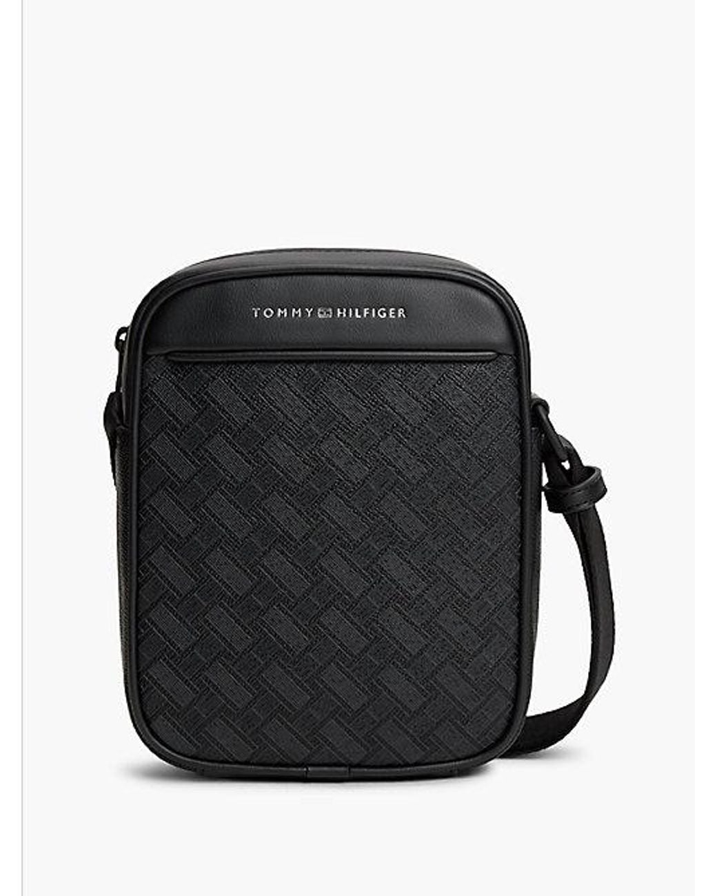 Tommy Hilfiger Black Modern Textured Flag Crossbody Reporter Bag for men