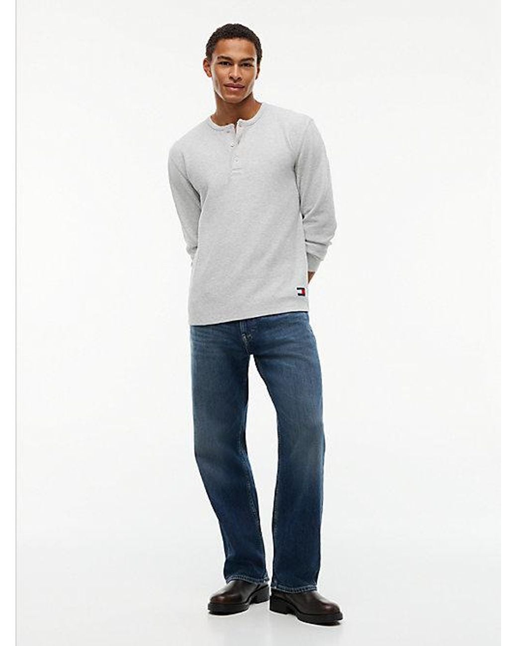 Tommy Hilfiger Gray Tommy Jeans Washed Waffle Knit Henley Long Sleeve T-Shirt for men