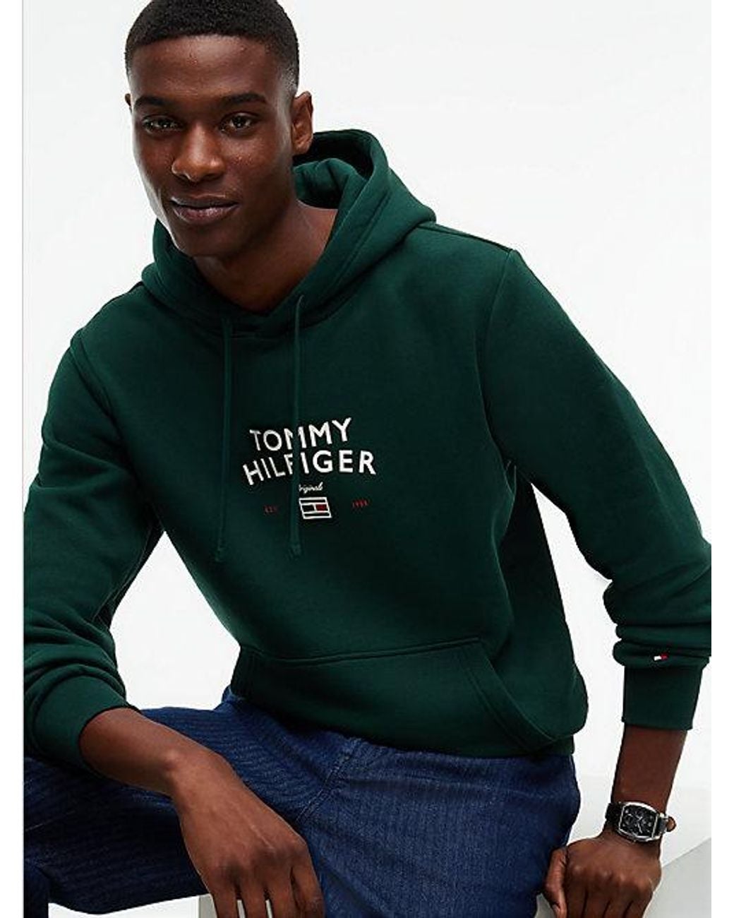 Tommy Hilfiger Green Arch Logo Fleece Drawstring Hoody for men