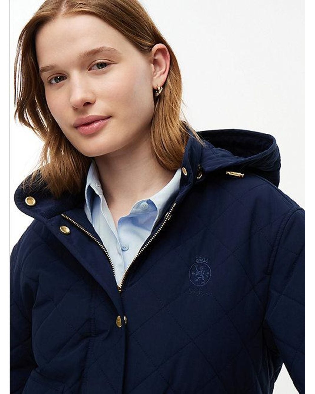 Tommy Hilfiger Blue Crest Embroidery Square Quilted Hooded Jacket