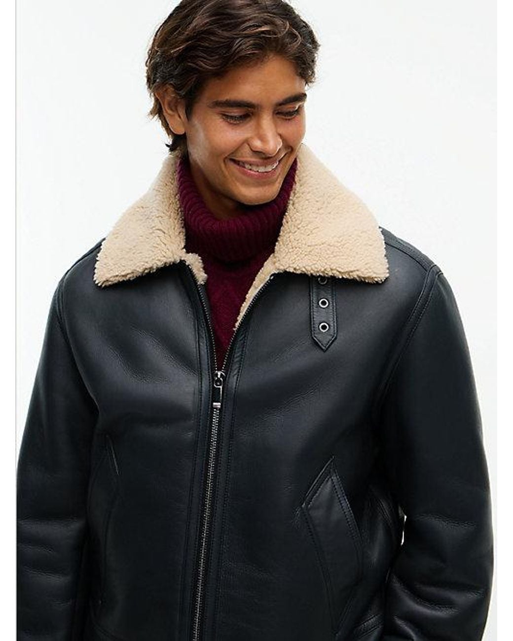 Tommy Hilfiger Black New York Label Shearling Leather Aviator Jacket for men