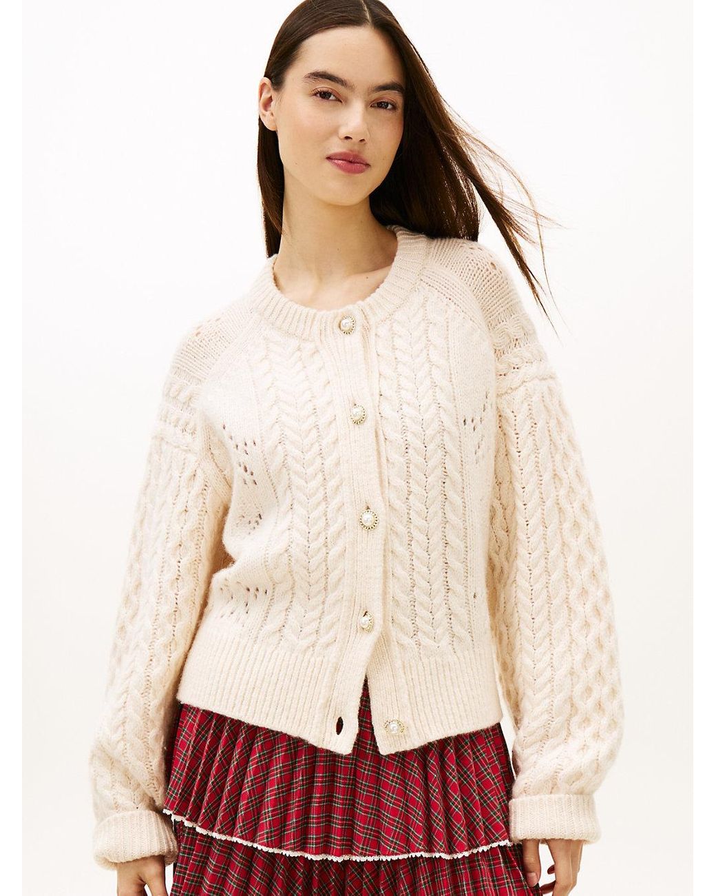 Tommy Hilfiger Natural Tommy Girl Wool Blend Cable Knit Relaxed Cardigan