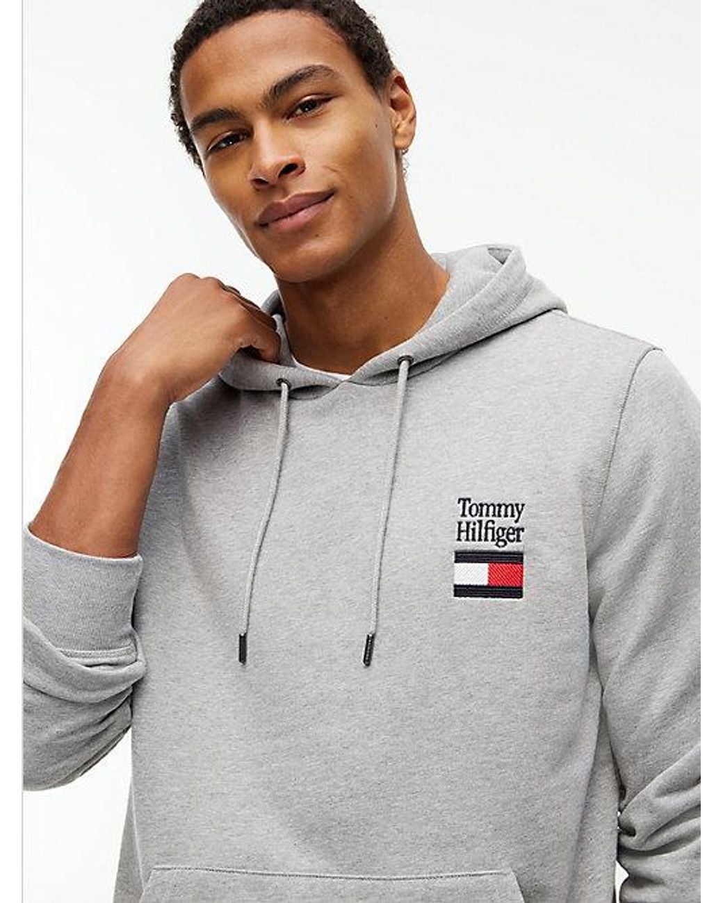 Tommy Hilfiger Gray Stack Logo Terry Drawstring Hoody for men