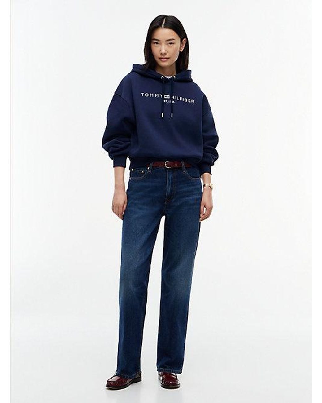 Tommy Hilfiger Blue Logo Fleece Relaxed Drawstring Hoody