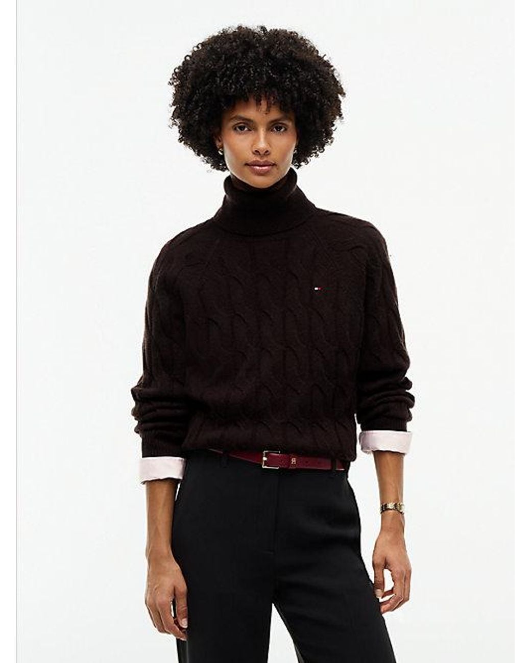 Tommy Hilfiger Black Chocolate Pure Wool Cable Roll Neck Jumper