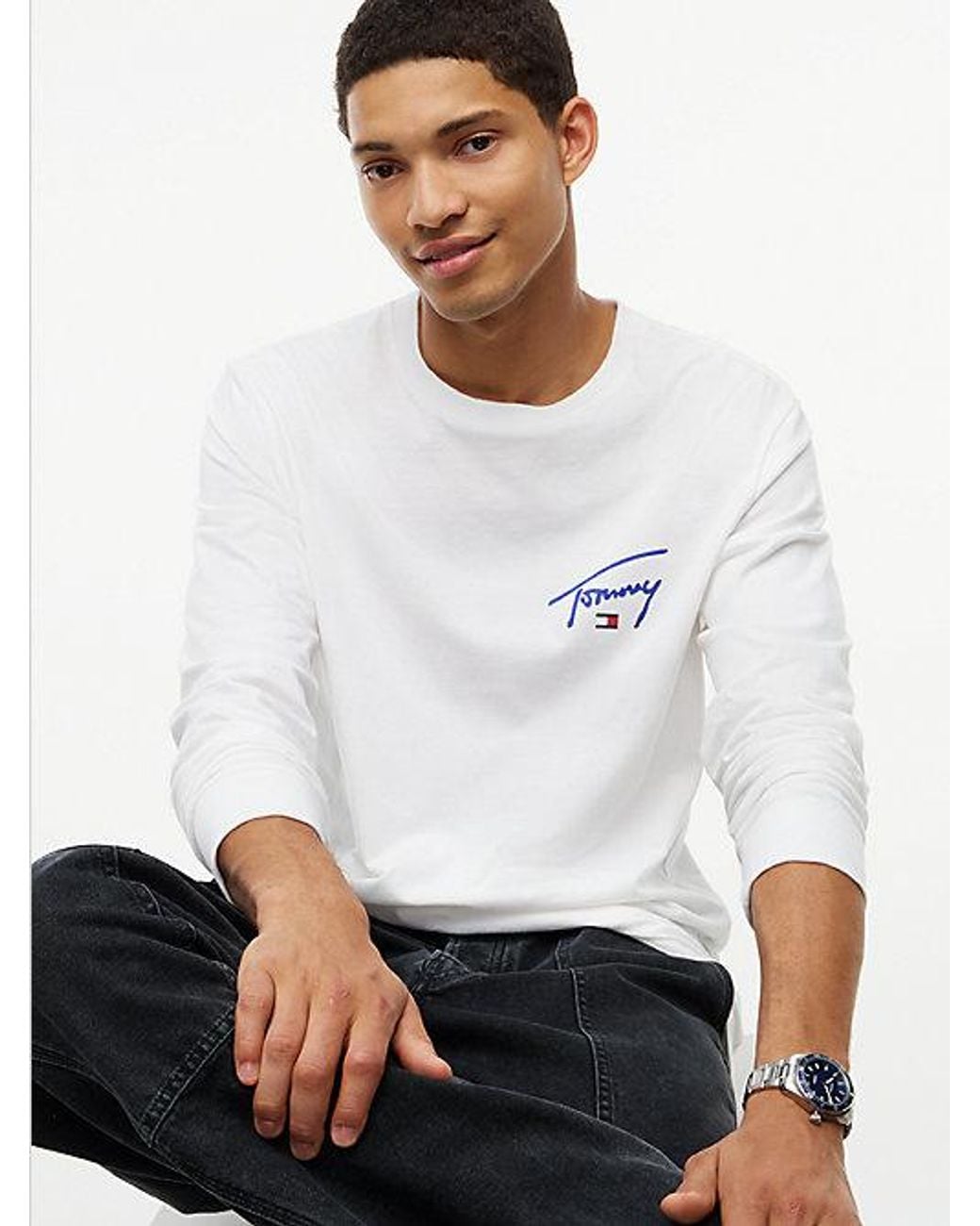 Tommy Hilfiger White Tommy Jeans Signature Logo Slim Long Sleeve T-Shirt for men
