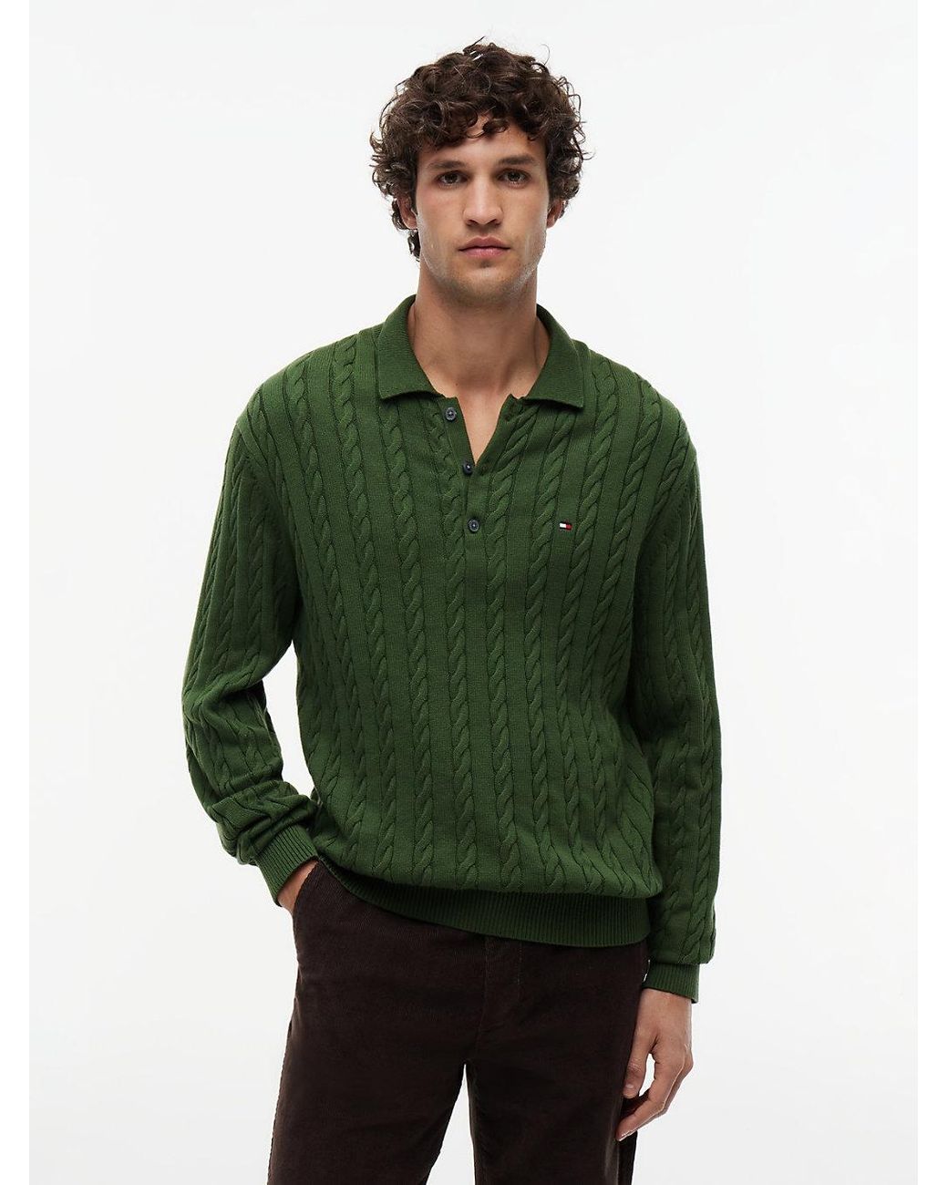Tommy Hilfiger Green Cable Knit Polo Jumper for men