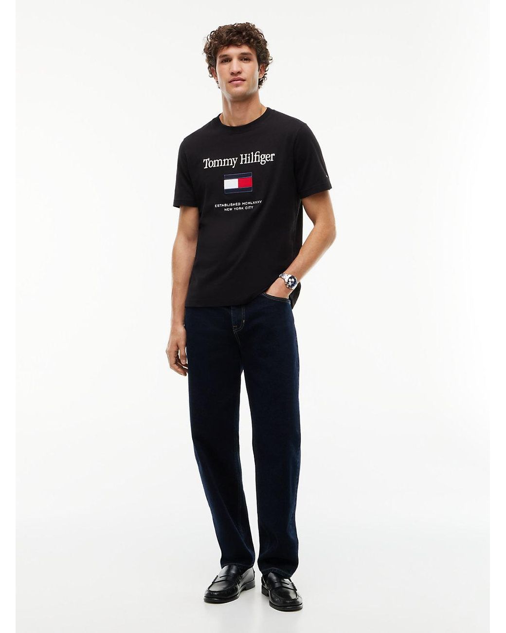 Tommy Hilfiger Black Logo Embroidery Crew Neck T-Shirt for men