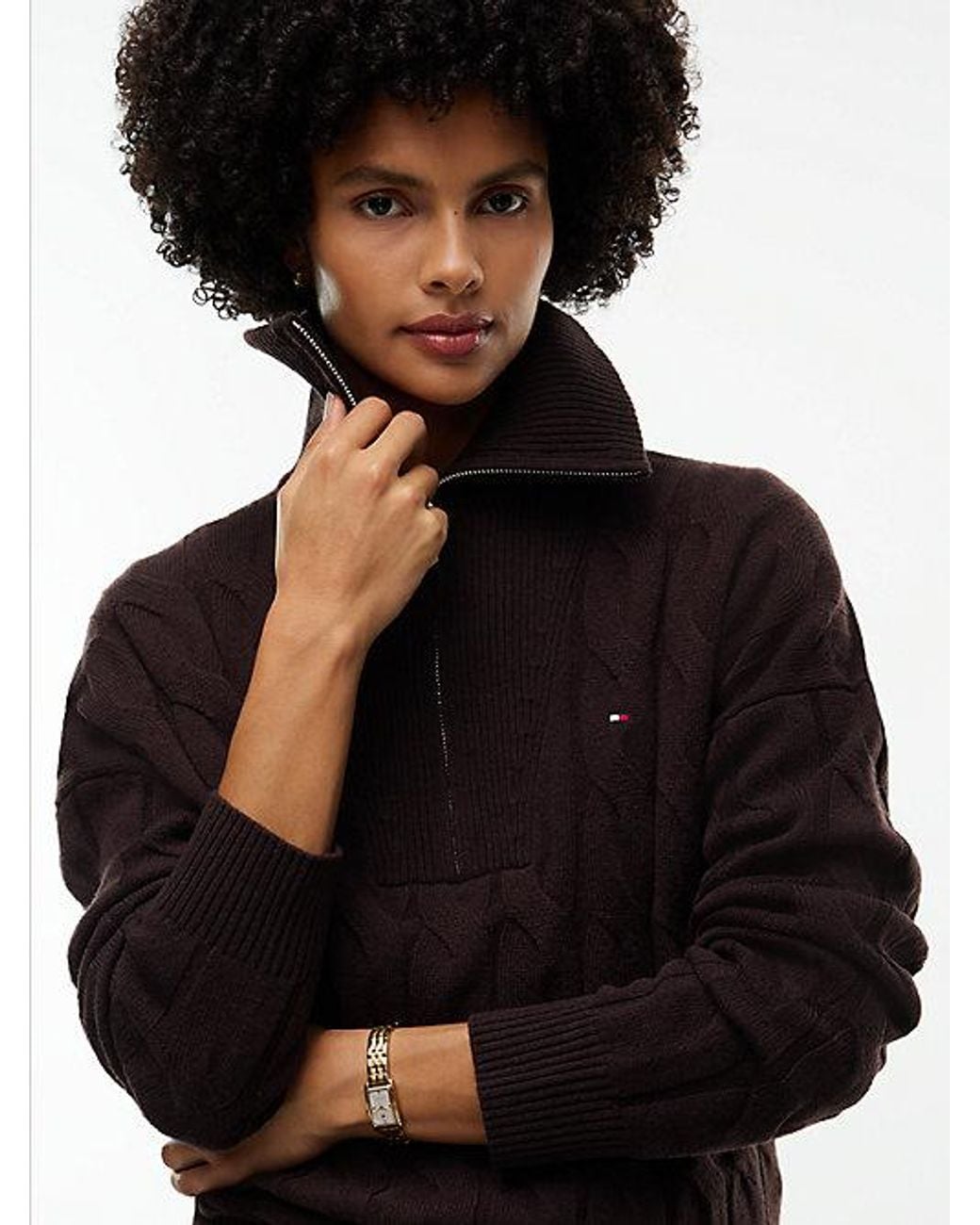 Tommy Hilfiger Black Pure Wool Cable Knit Quarter Zip Jumper