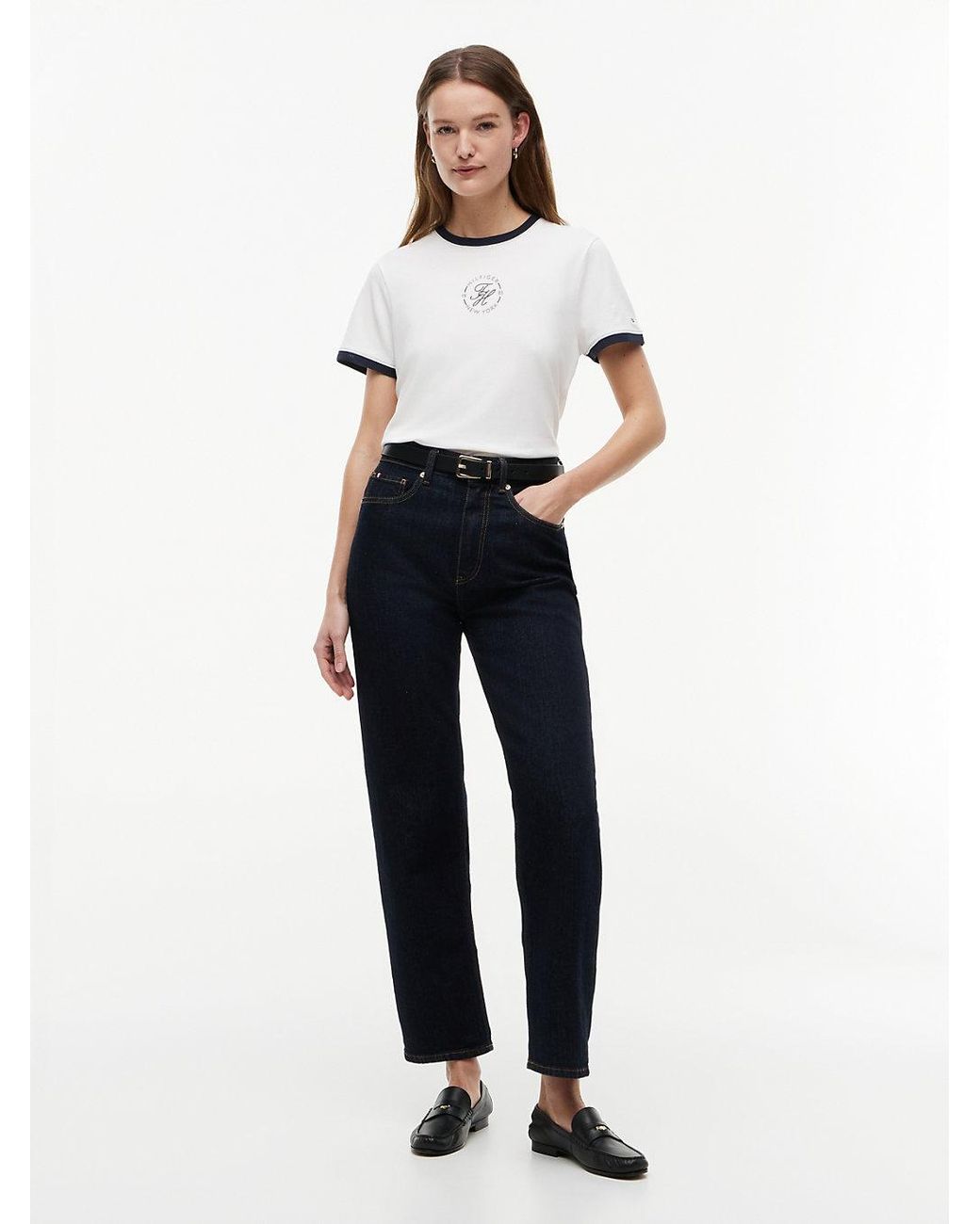 Tommy Hilfiger White Logo Embroidery Ringer T-Shirt