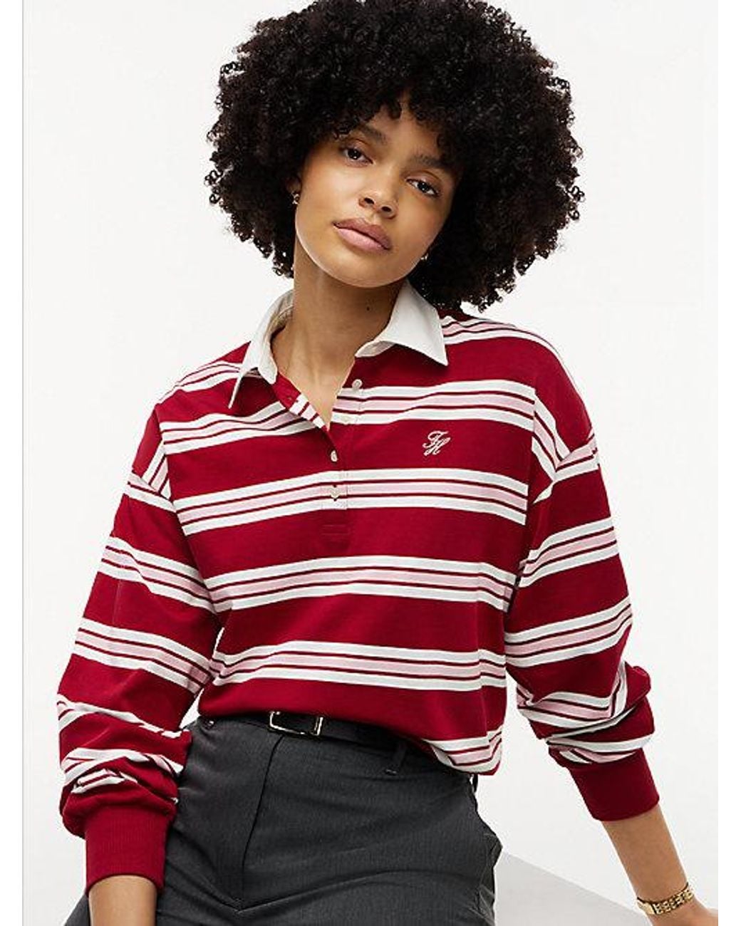 Tommy Hilfiger Red Rugby Stripe Relaxed Polo Sweatshirt