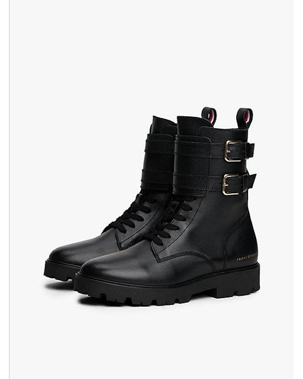 Tommy Hilfiger Black Leather Logo Cleat Biker Boots