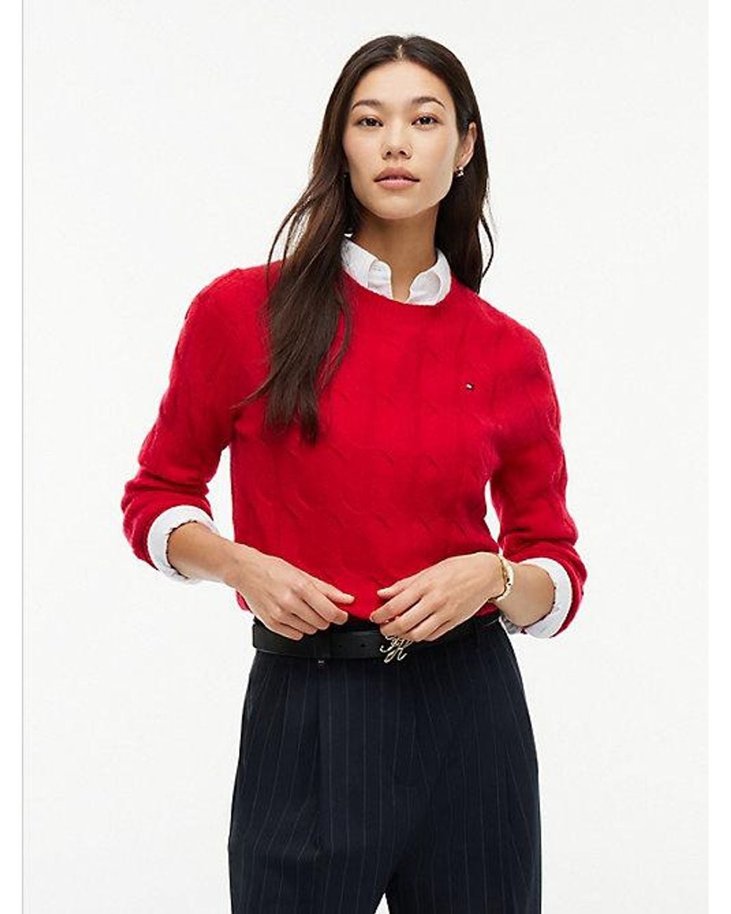 Tommy Hilfiger Red Pure Wool Chain Cable Knit Jumper