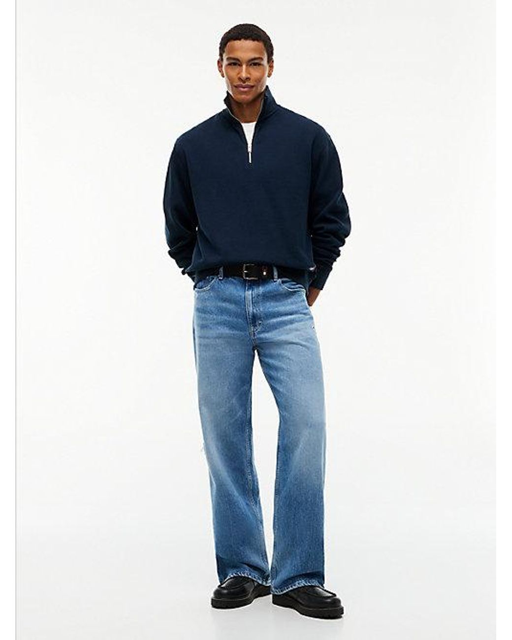 Tommy Hilfiger Blue Tommy Jeans Waffle Knit Relaxed Quarter Zip Sweatshirt for men