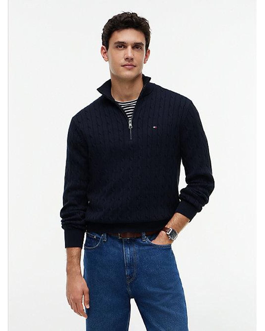 Tommy Hilfiger Blue Cable Knit Quarter Zip Jumper for men