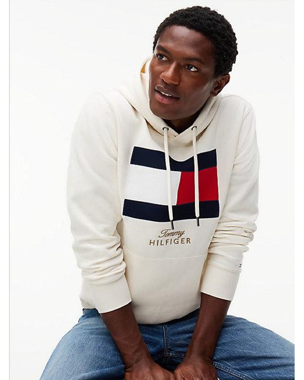 Tommy Hilfiger White Flag Embroidery Logo Fleece Hoody for men