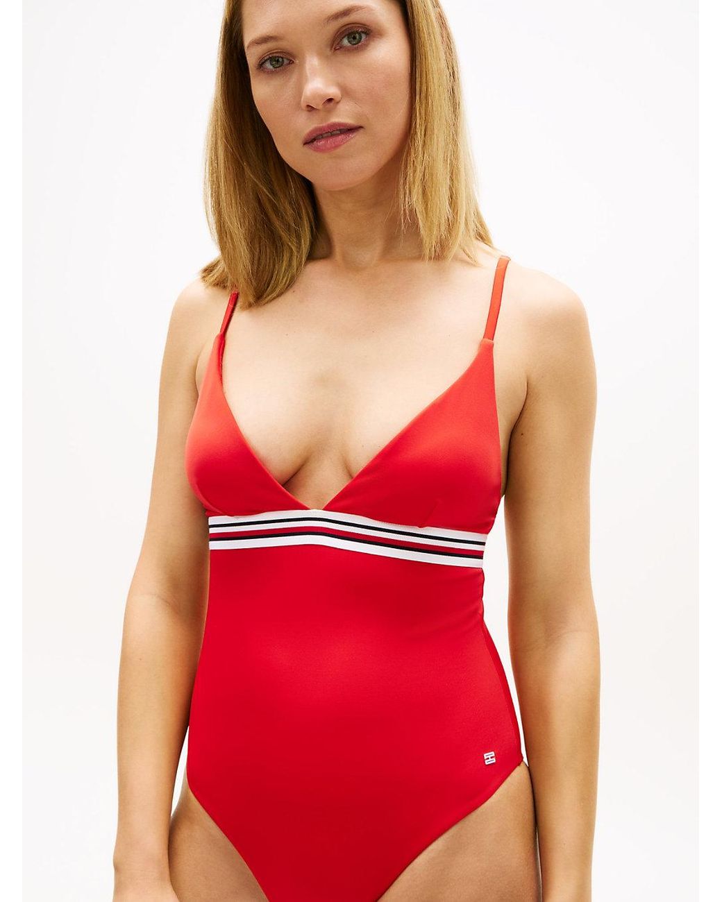 Tommy Hilfiger Red Global Stripe Plunge Triangle Swimsuit