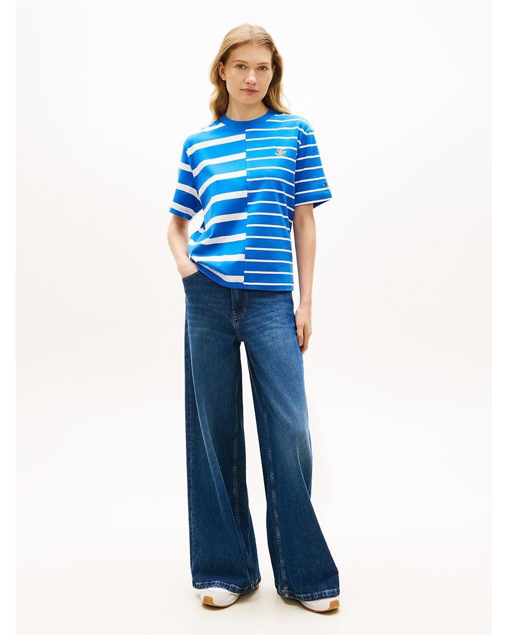 Tommy Hilfiger Blue Mixed Stripe Relaxed Crew Neck T-Shirt