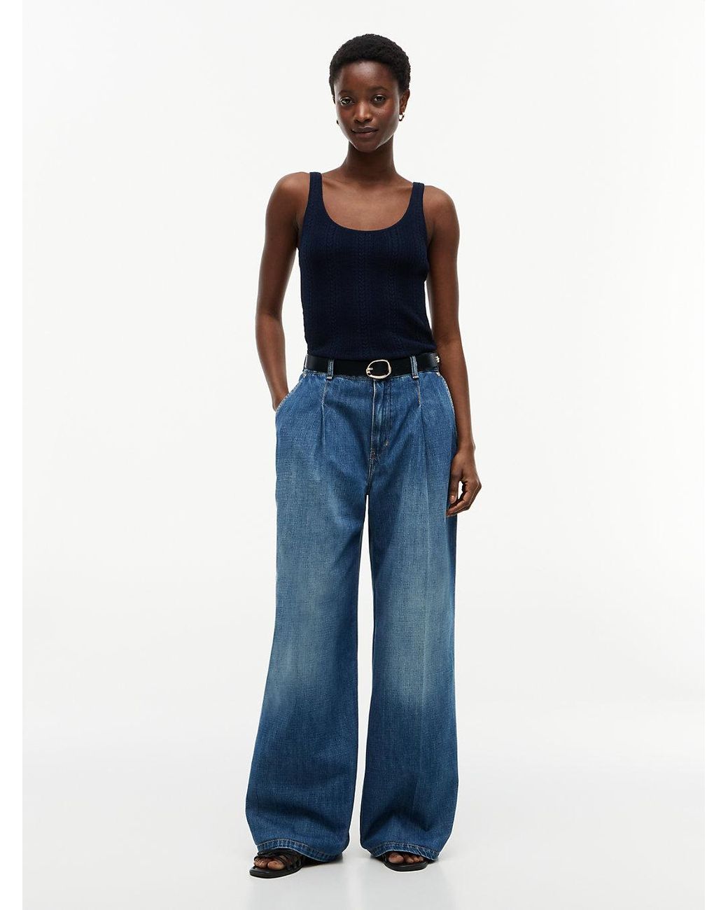 Tommy Hilfiger Blue Pleated Mid Rise Wide Leg Jeans