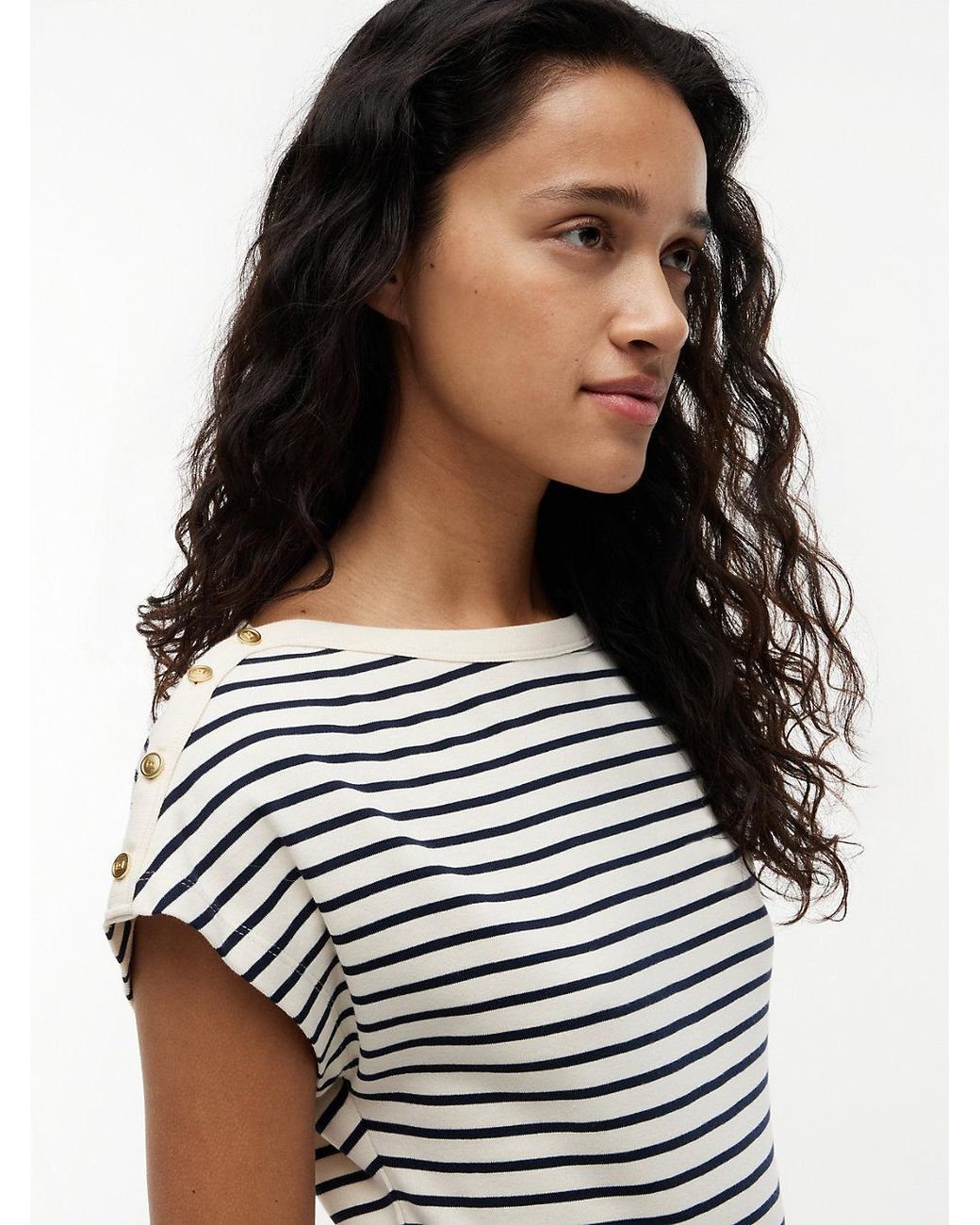 Tommy Hilfiger Blue Tone Button Boat Neck T-Shirt