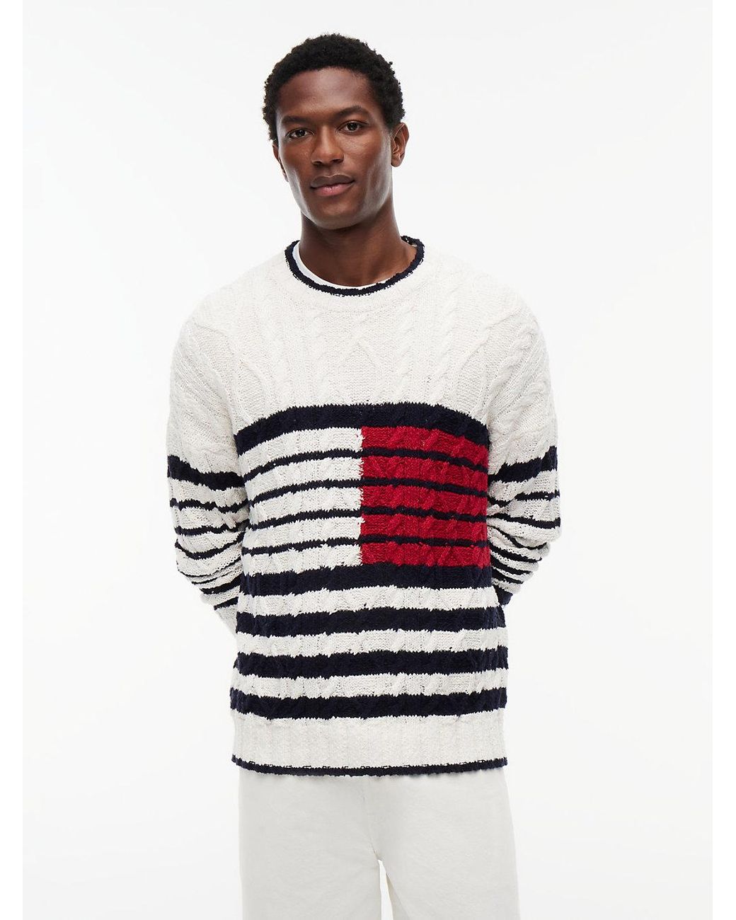 Tommy Hilfiger White Cable Knit Breton Stripe Flag Jumper for men