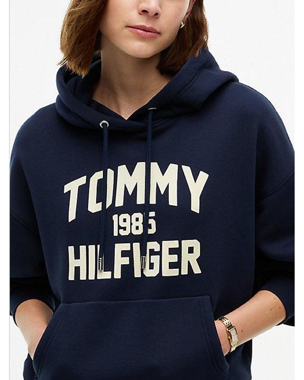 Tommy Hilfiger Blue Flock Varsity Logo Relaxed Fleece Hoody