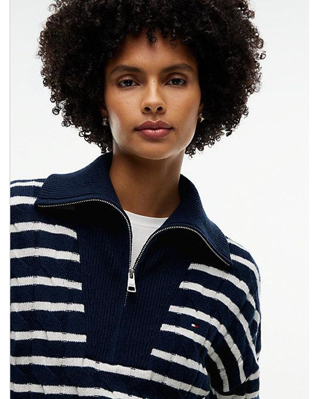 Tommy Hilfiger Blue Pure Wool Cable Knit Quarter Zip Jumper