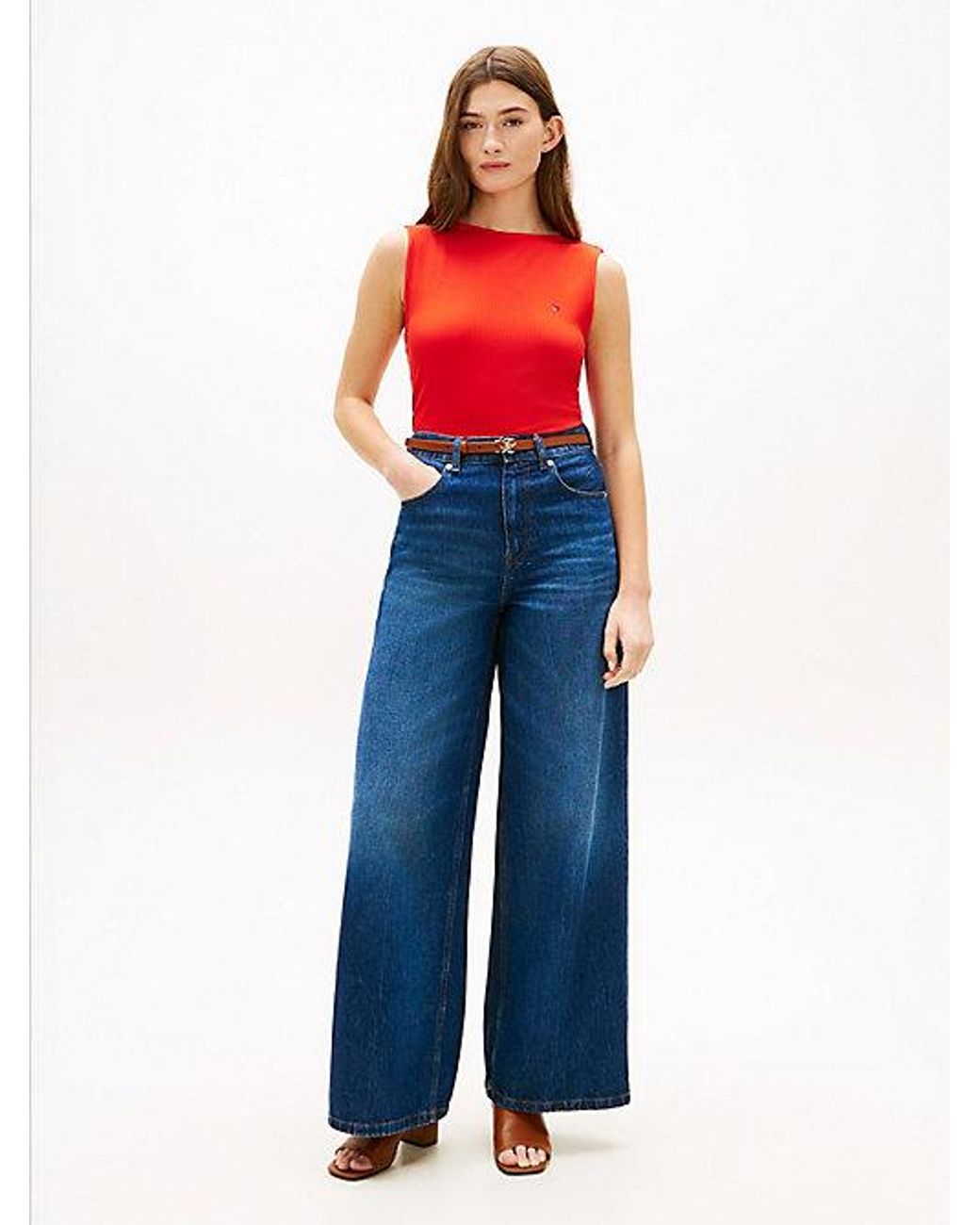 Tommy Hilfiger Red Ribbed Slim Boat Neck Tank Top