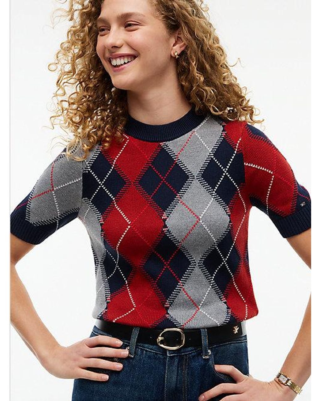 Tommy Hilfiger Red Argyle Short Sleeve Jumper