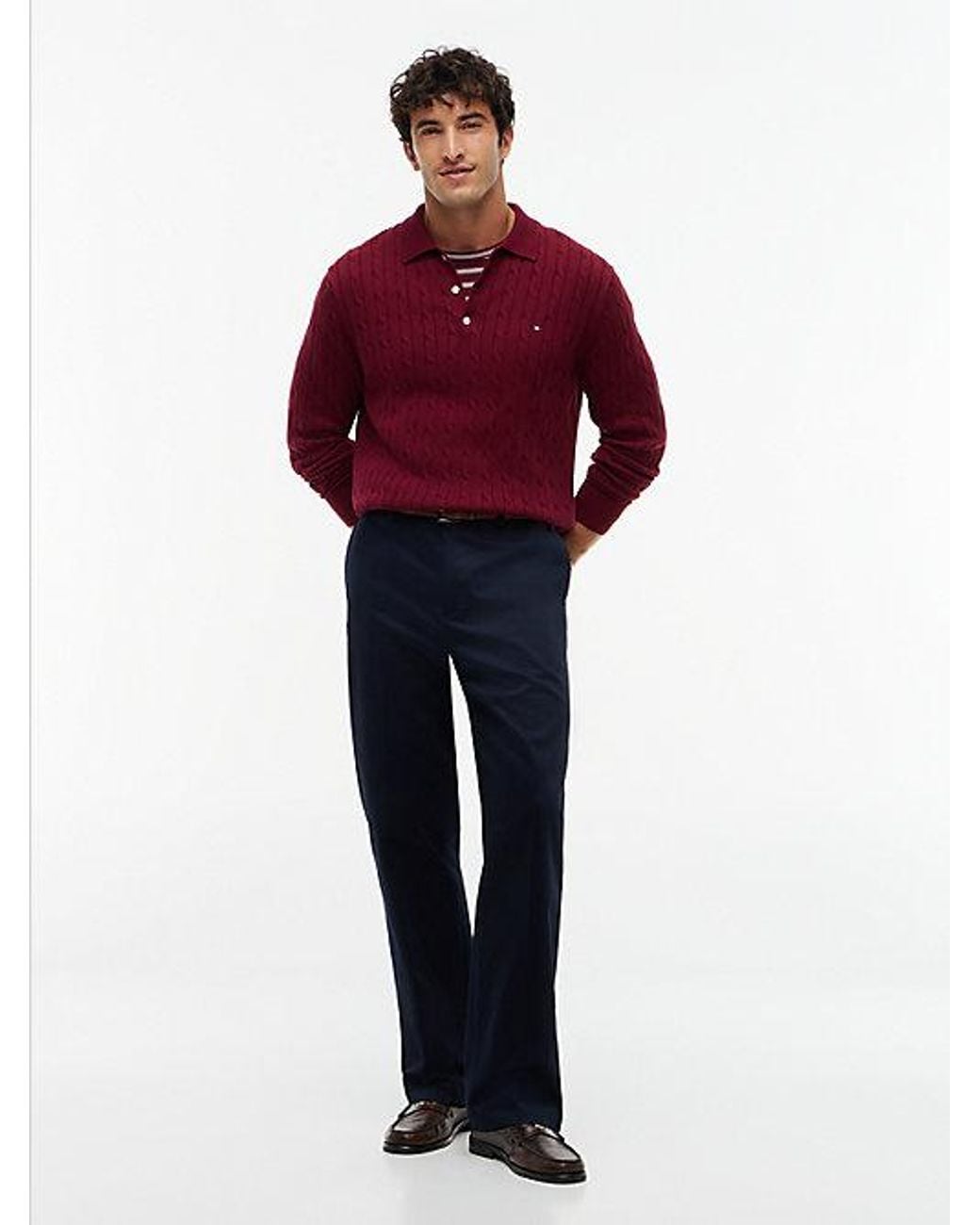 Tommy Hilfiger Red Cable Knit Polo Jumper for men