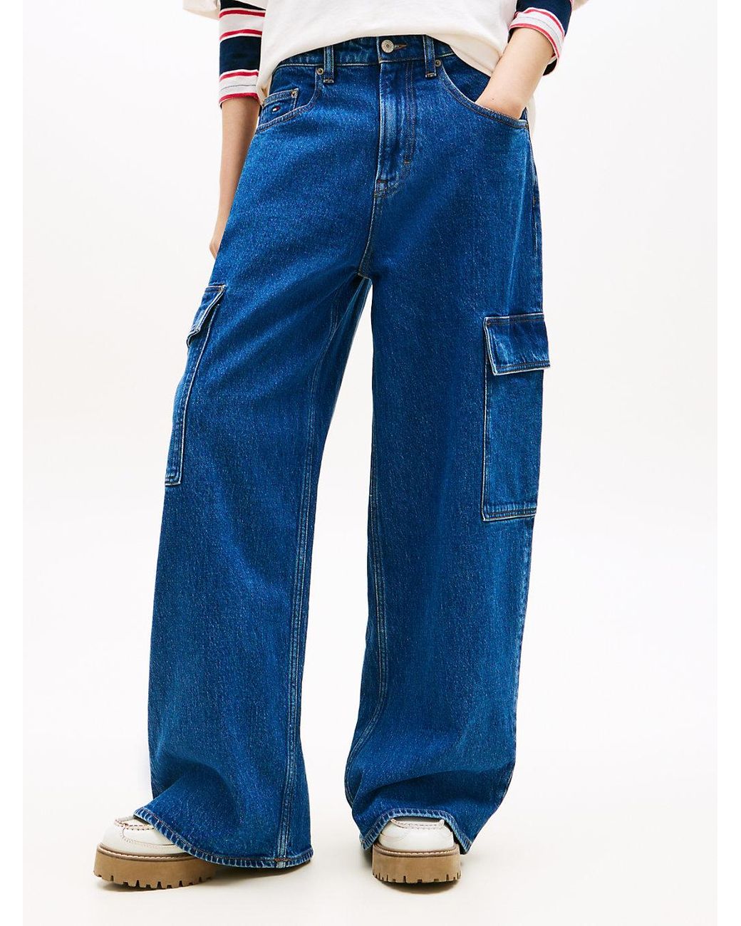 Tommy Hilfiger Blue Mid Rise Loose Wide Leg Cargo Jeans