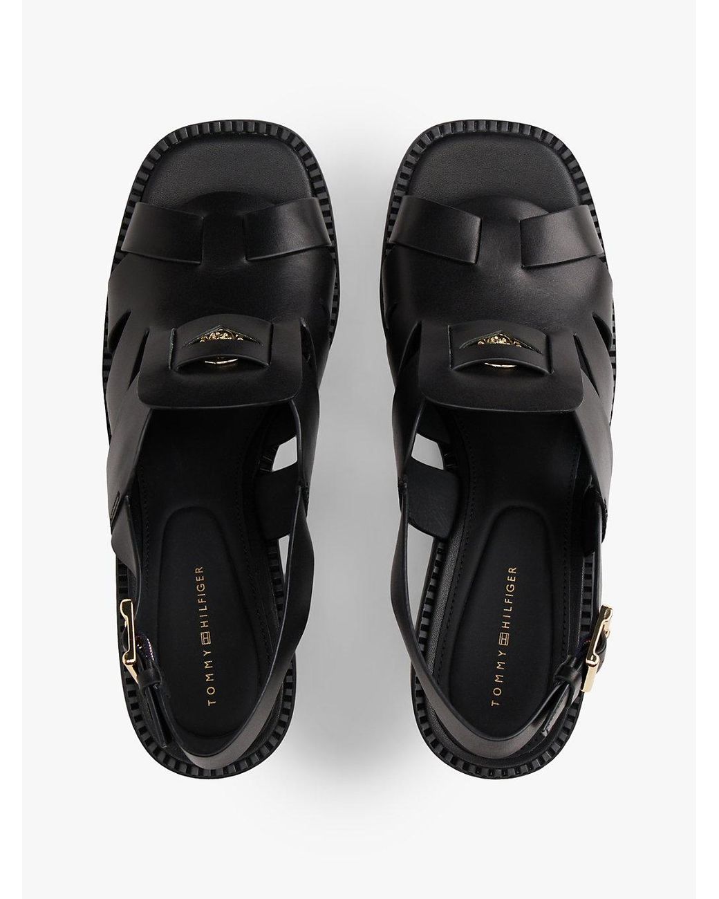 Tommy Hilfiger Black Leather Crest Block Heel Sandals