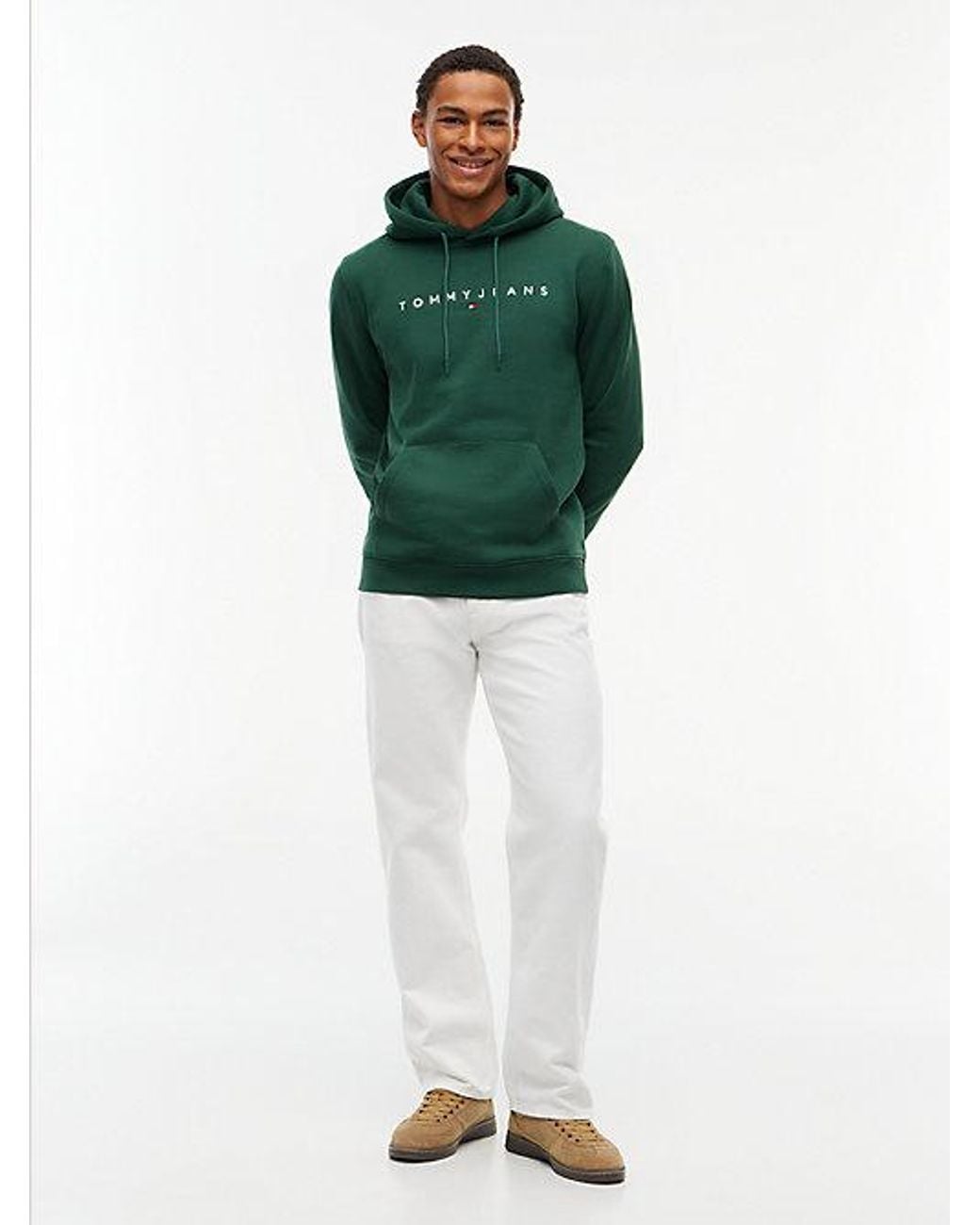 Tommy Hilfiger Green Tommy Jeans Linear Logo Fleece Drawstring Hoody for men