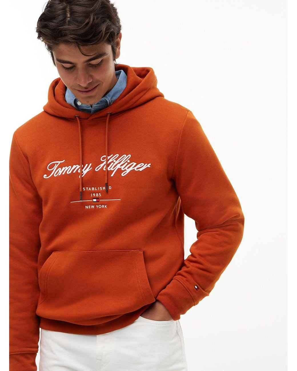 Tommy Hilfiger Orange Logo Embroidery Fleece Hoody for men