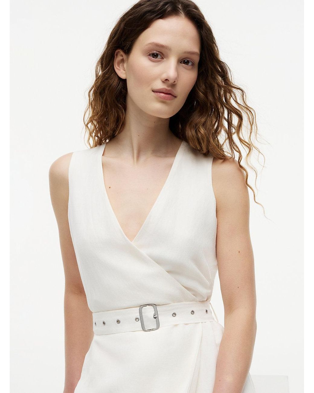 Tommy Hilfiger White Belted Linen Blend Sleeveless Wrap Midi Dress