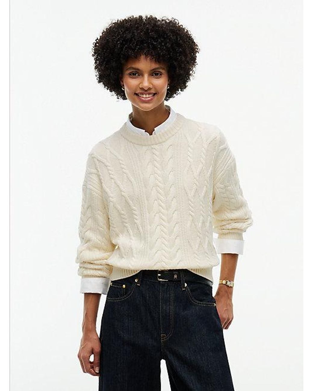 Tommy Hilfiger White Relaxed Cable Knit Jumper With Silk