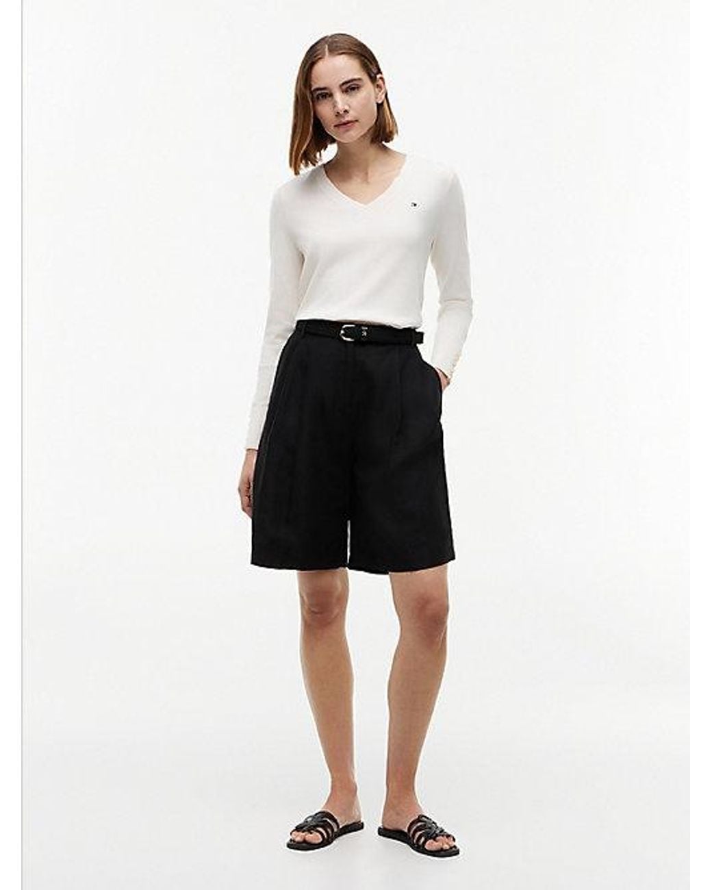 Tommy Hilfiger White Tone Button Cuff V-Neck Jumper