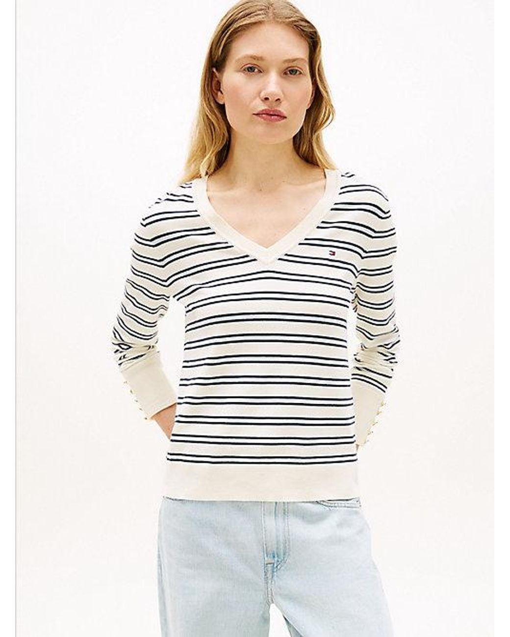 Tommy Hilfiger Gray Tone Button Cuff V-Neck Jumper