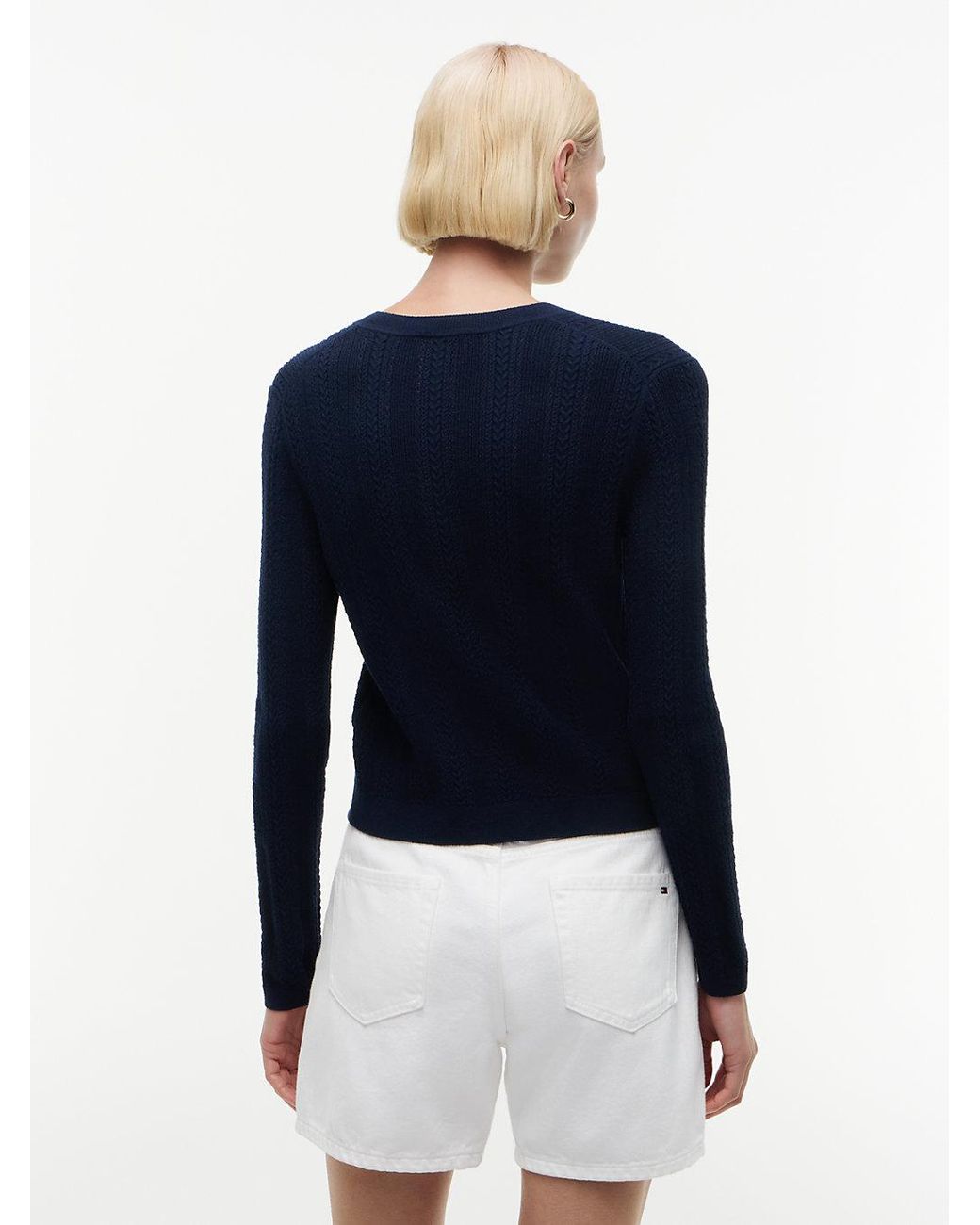 Tommy Hilfiger Blue Pointelle-Tone Button Henley Neck Jumper