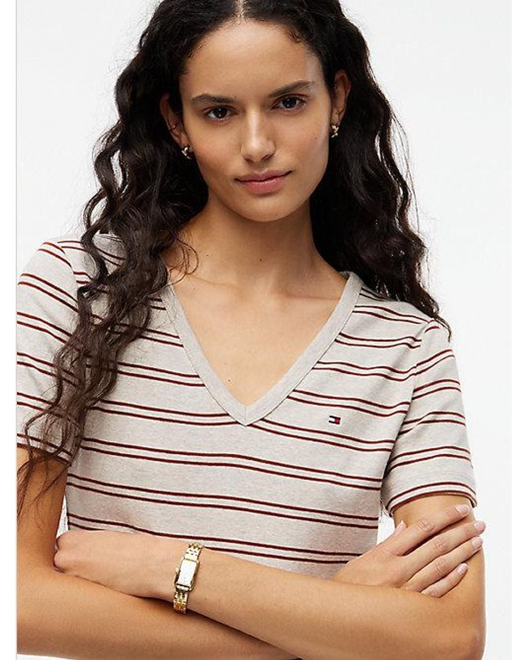 Tommy Hilfiger White Flag Embroidery Slim V Neck T-Shirt