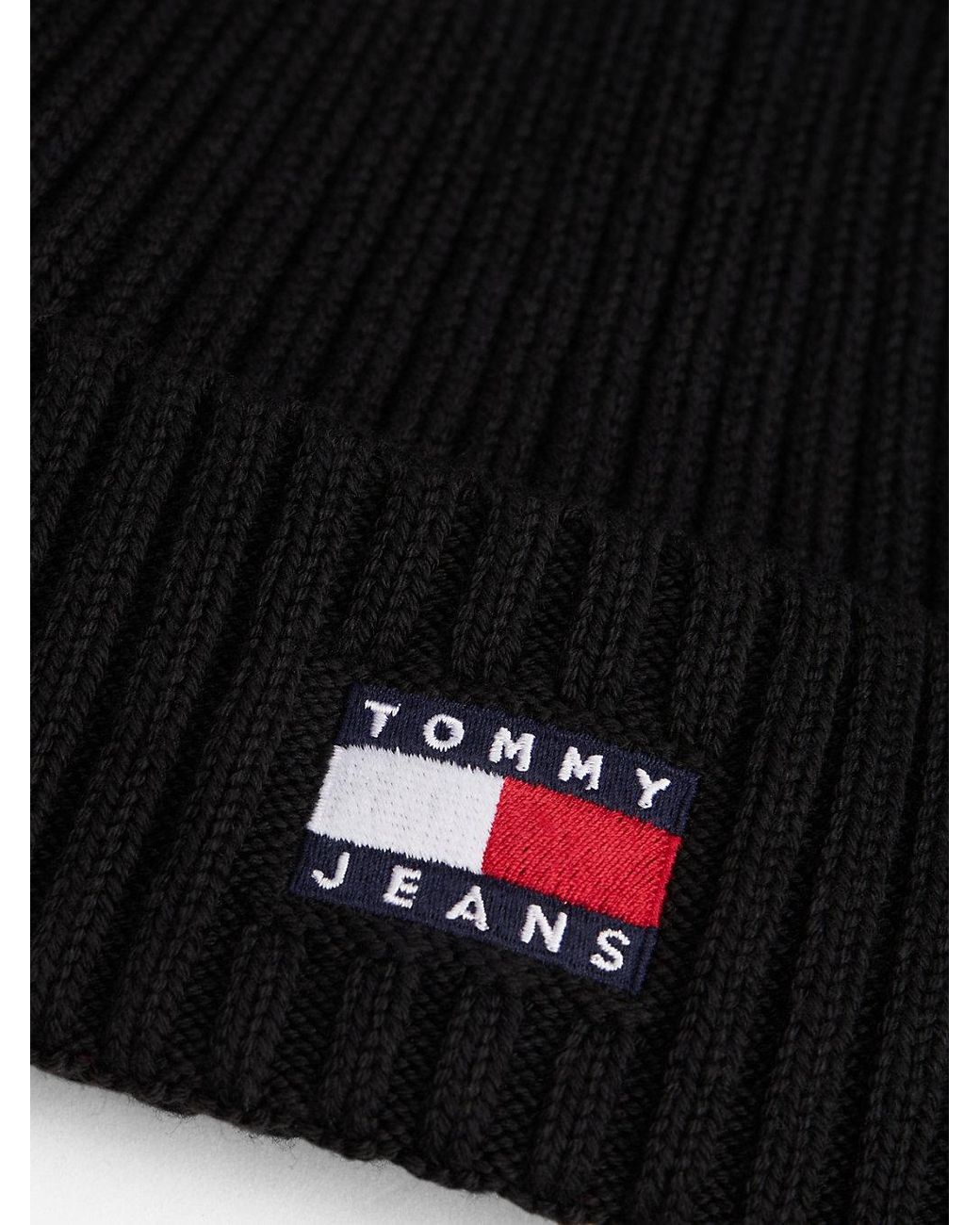 Tommy Hilfiger Black Heritage Logo Rib-Knit Beanie for men