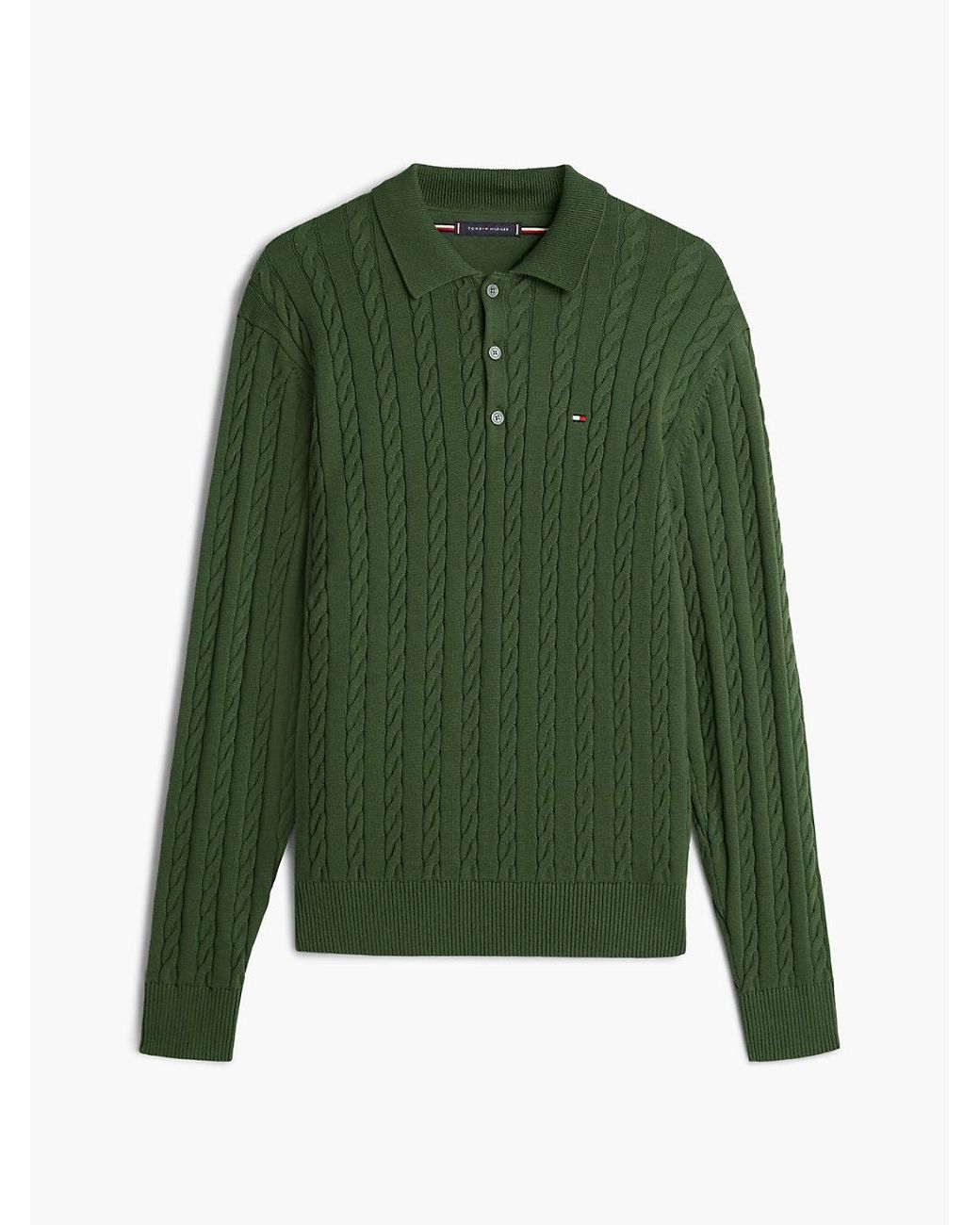 Tommy Hilfiger Green Cable Knit Polo Jumper for men