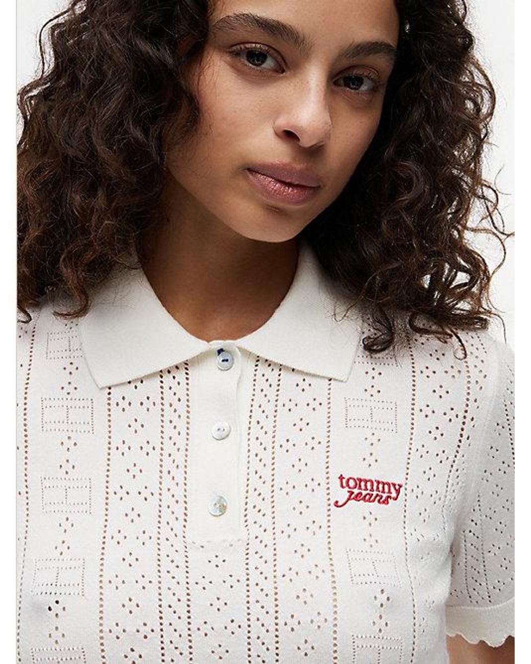 Tommy Hilfiger White Pointelle Flag Short Sleeve Polo Jumper