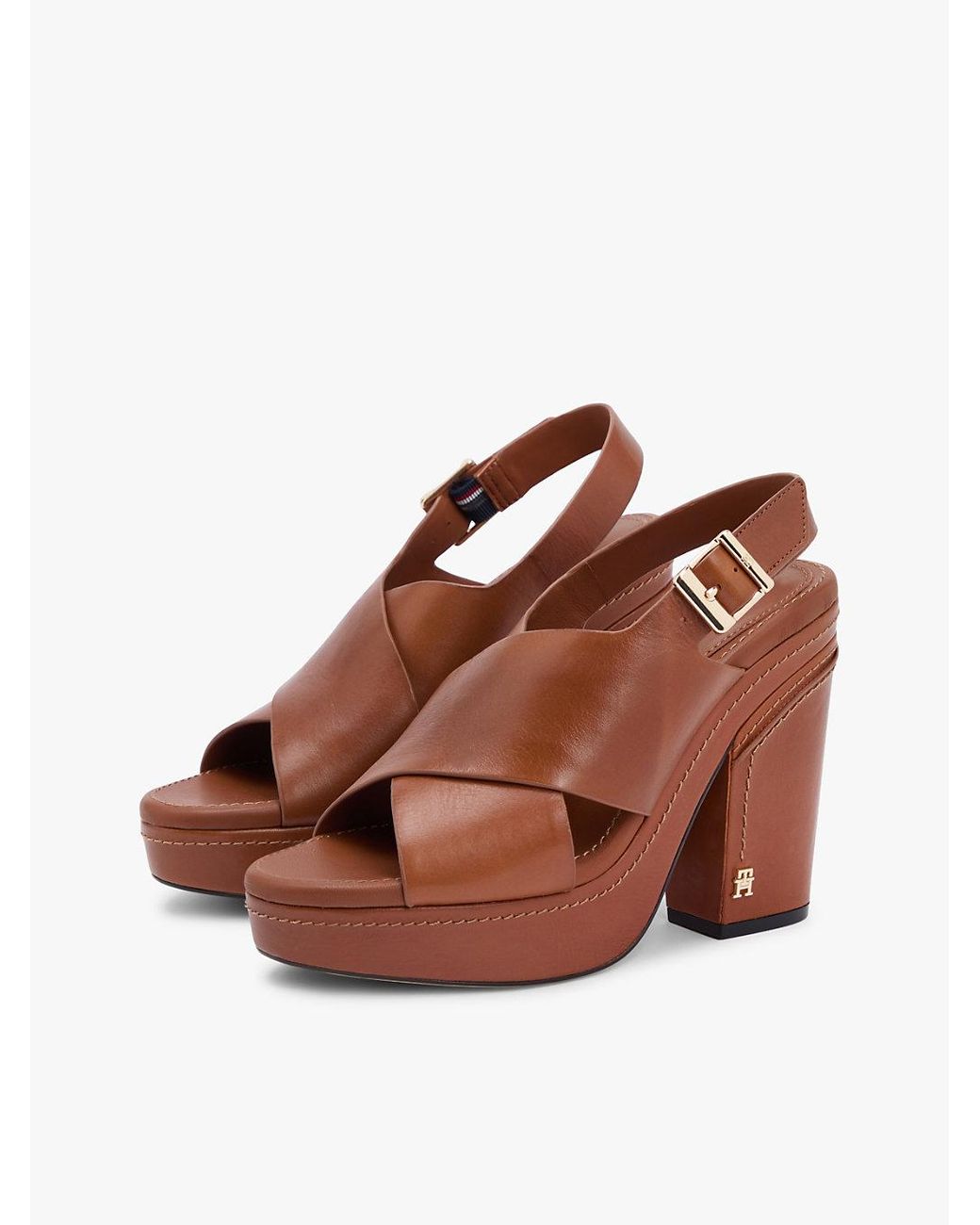 Tommy Hilfiger Brown Leather Crossover Strap Block Heel Sandals