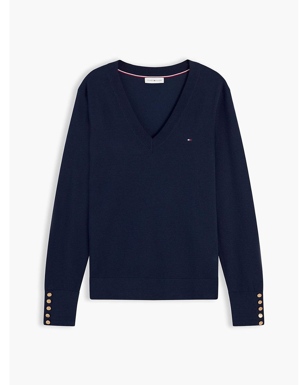 Tommy Hilfiger Blue Tone Button Cuff V-Neck Jumper