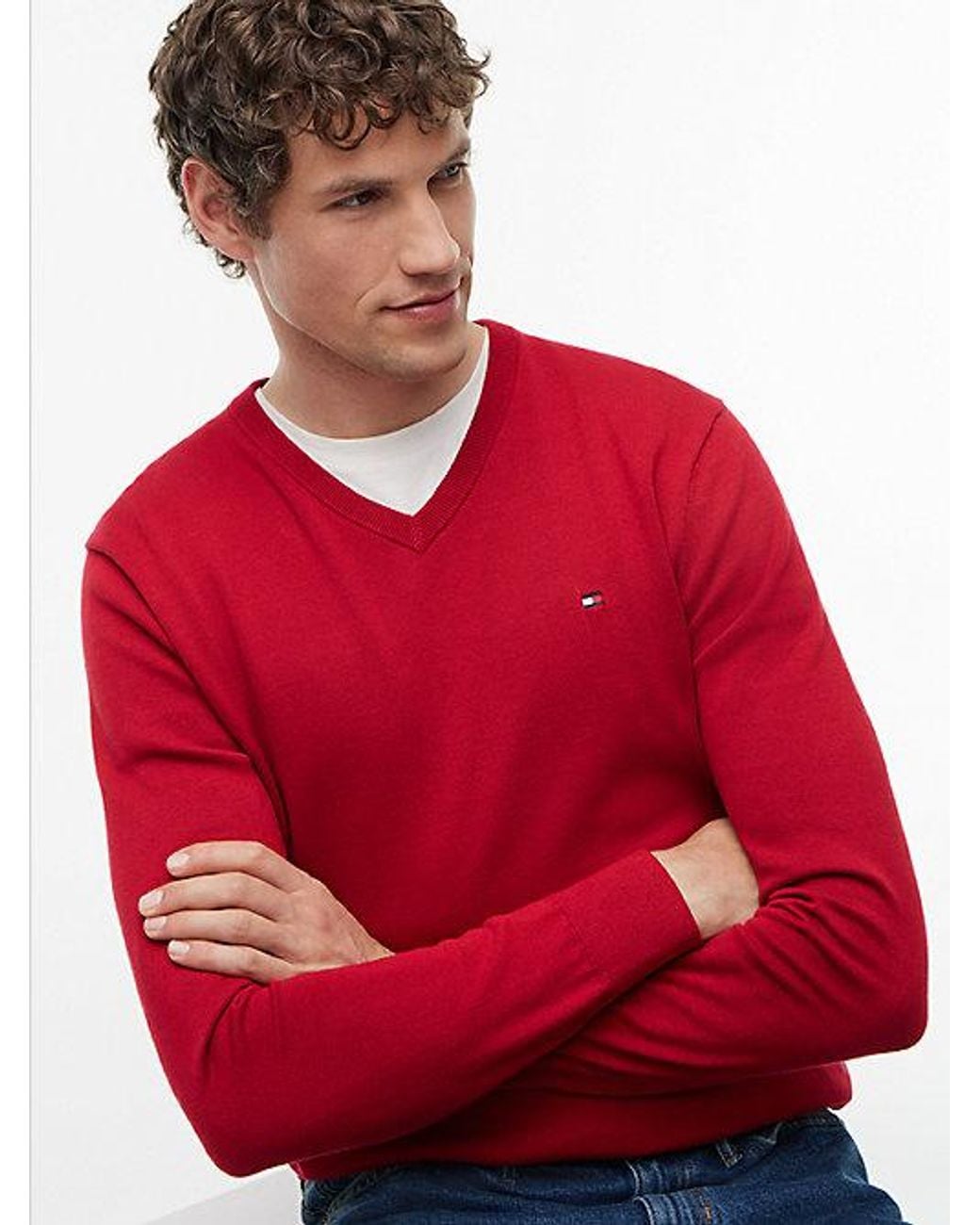 Tommy Hilfiger Red Flag Embroidery V Neck Jumper for men