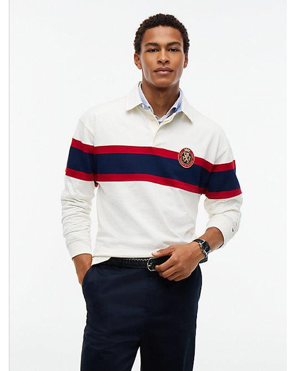 Tommy Hilfiger White Crest Colour Blocked Relaxed Rugby Shirt for men