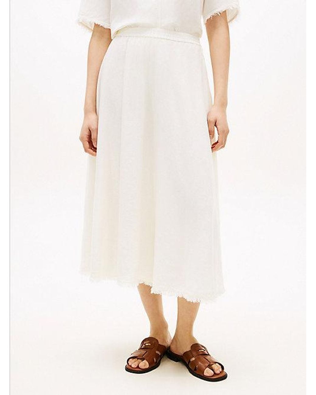 Tommy Hilfiger White Pleated Linen Blend Midi A-Line Skirt
